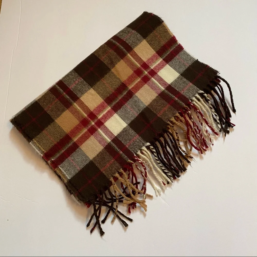 SCARF SCOTLAND CASHMERE BROWN RED TAN CREAM PLAID FRINGE LONG RECTANGLE - Picture 6 of 9